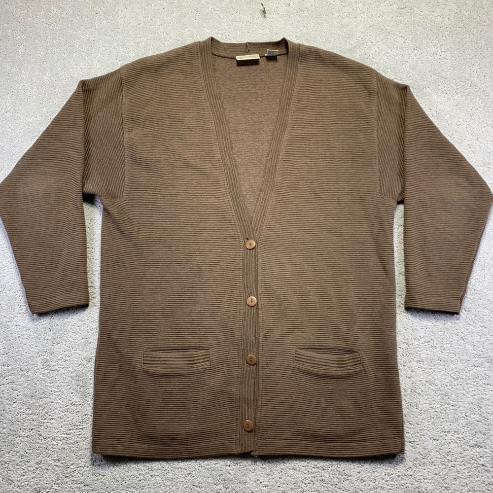 Vintage Preview Basics Womens Cardigan‎ Sweater Medium Brown Cotton Ribbed Knit